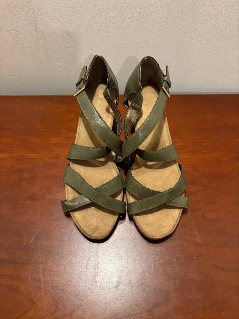 Aerosoles Enlighten Faux Leather Wedge Sandals Olive Size 12